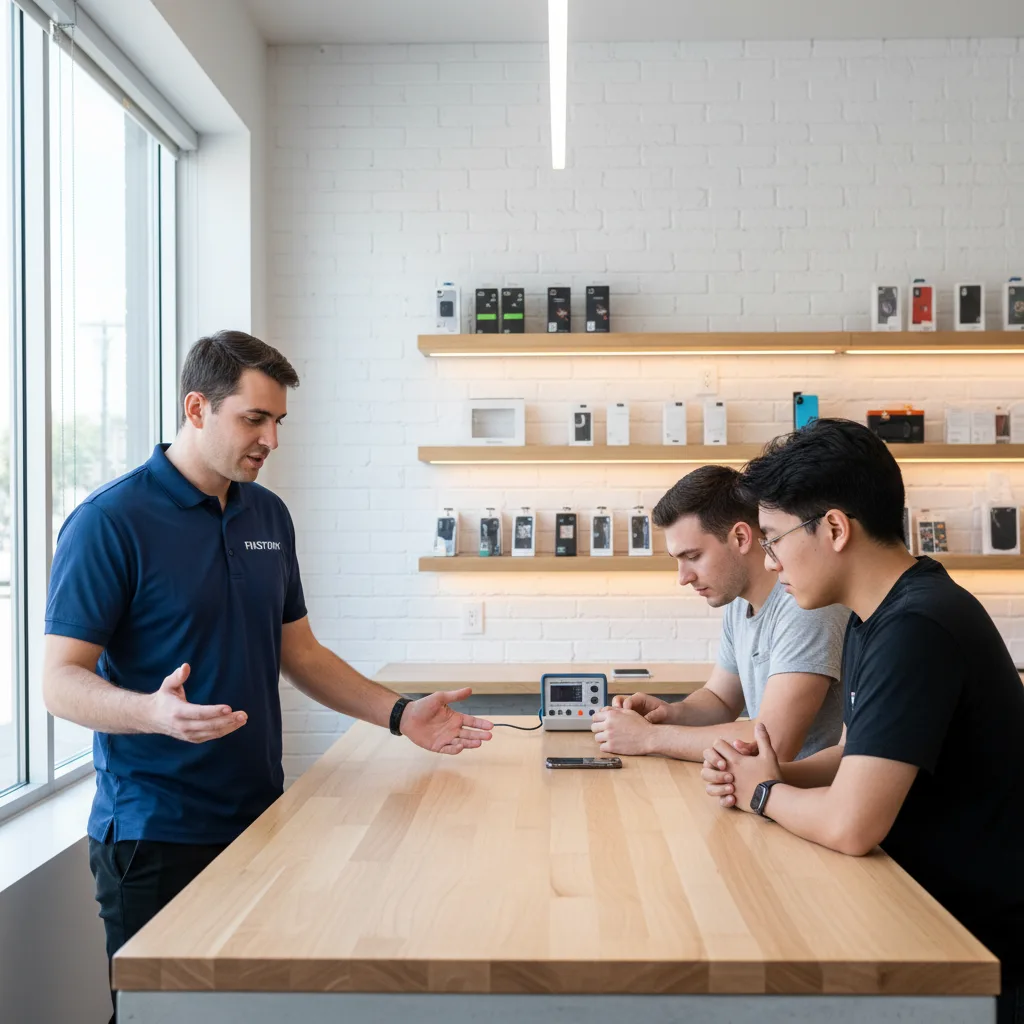 The inside of FIXSTORY shop, with a technician at a clean workbench carefully working on an iPhone