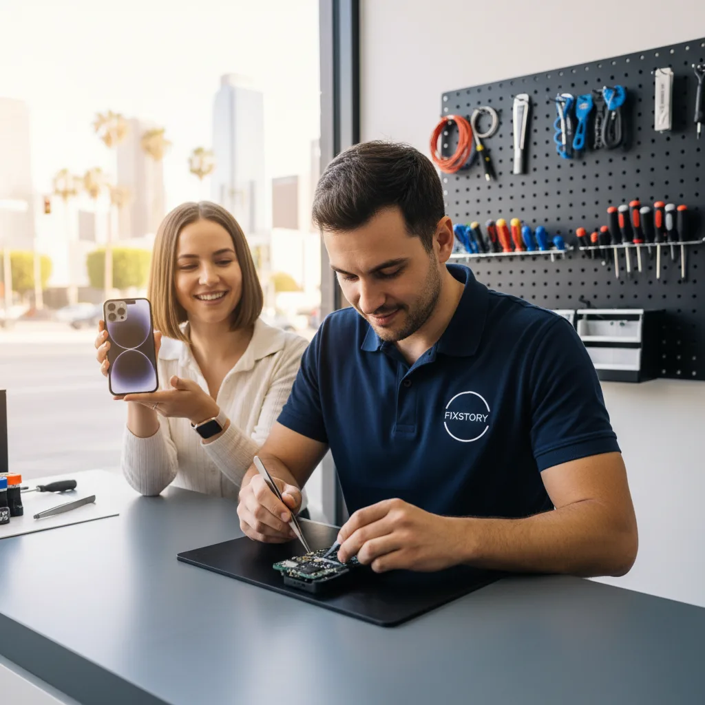 A person holding their perfectly repaired iPhone 14, screen glowing, with the blurred background of 