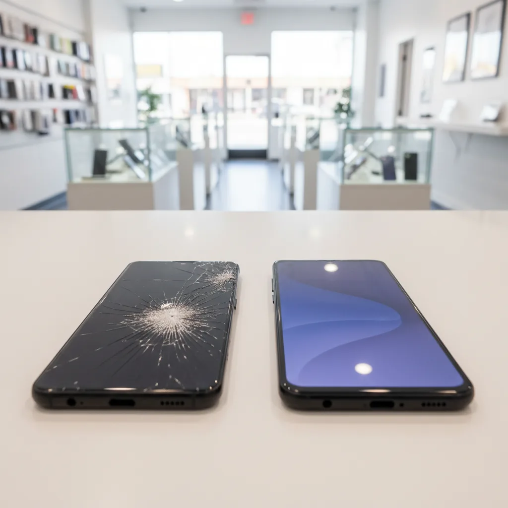 A close-up shot of a badly cracked Samsung Galaxy screen next to a perfectly repaired one.