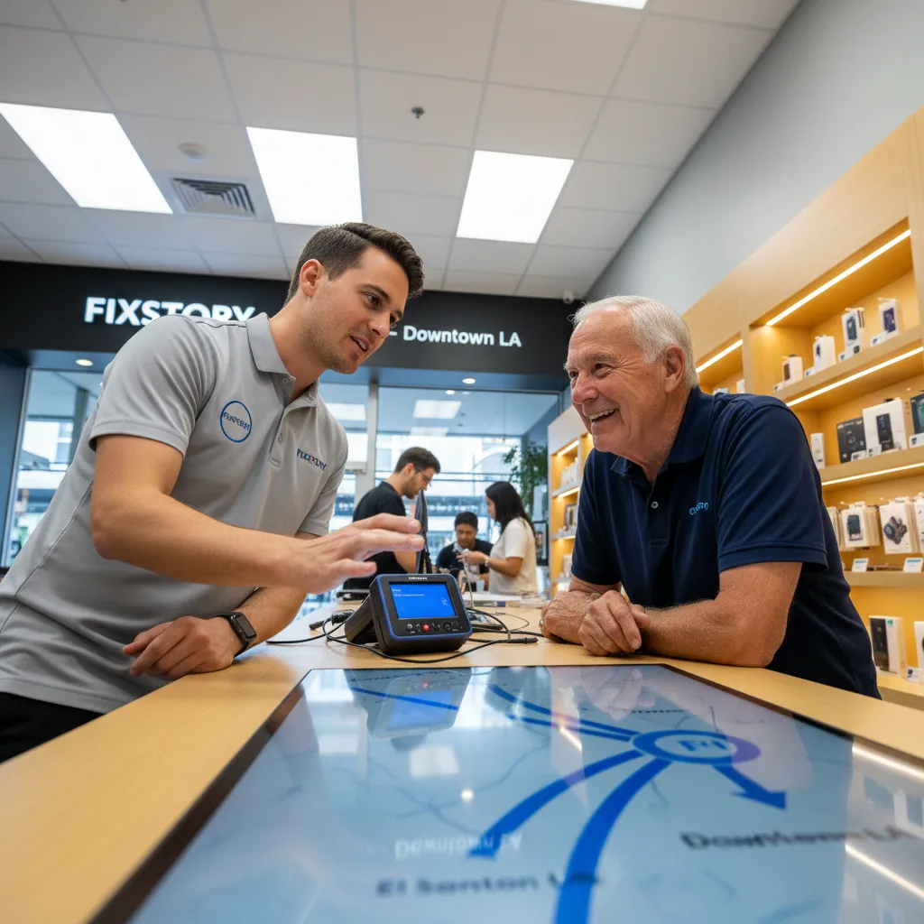 A map graphic showing arrows pointing from Irvine and El Sereno towards Downtown LA, with the FIXSTO