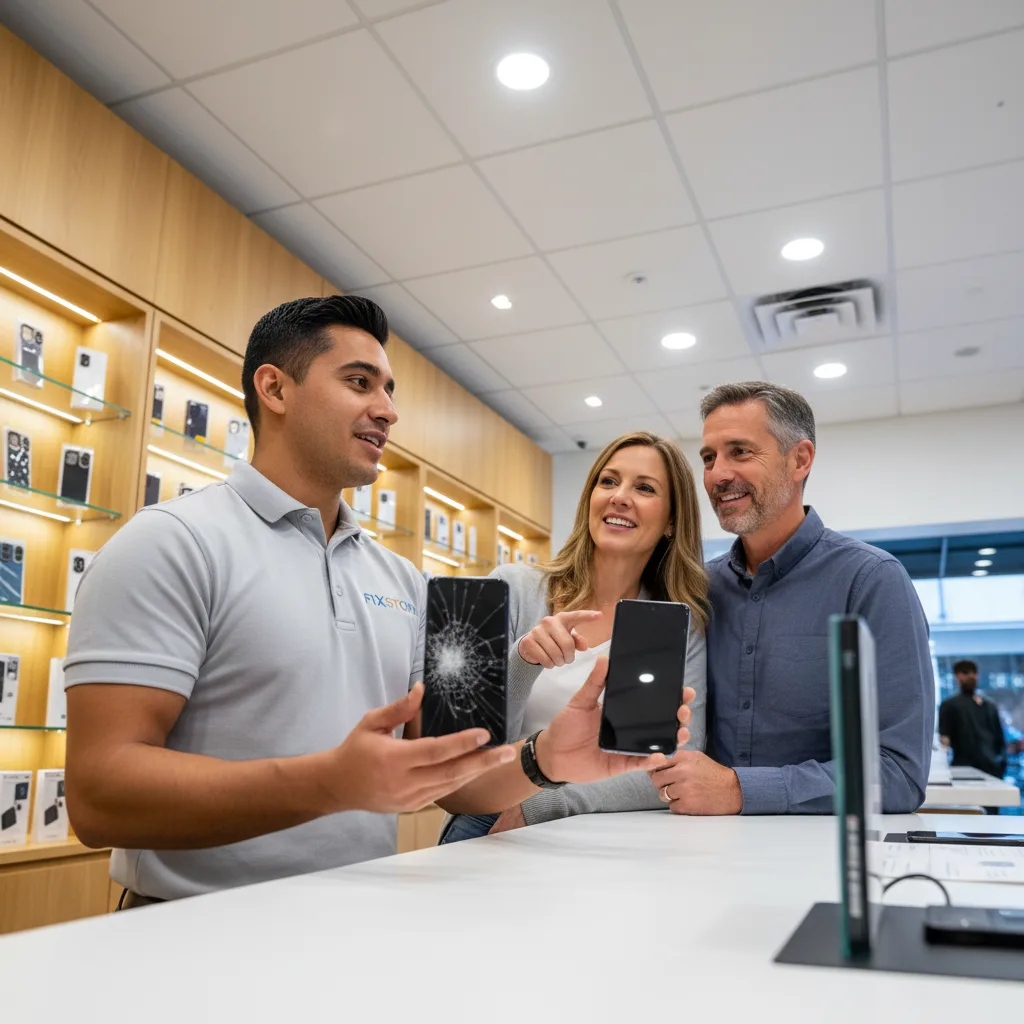 A cracked Samsung Galaxy screen on the left, and the same phone with a pristine new screen on the ri