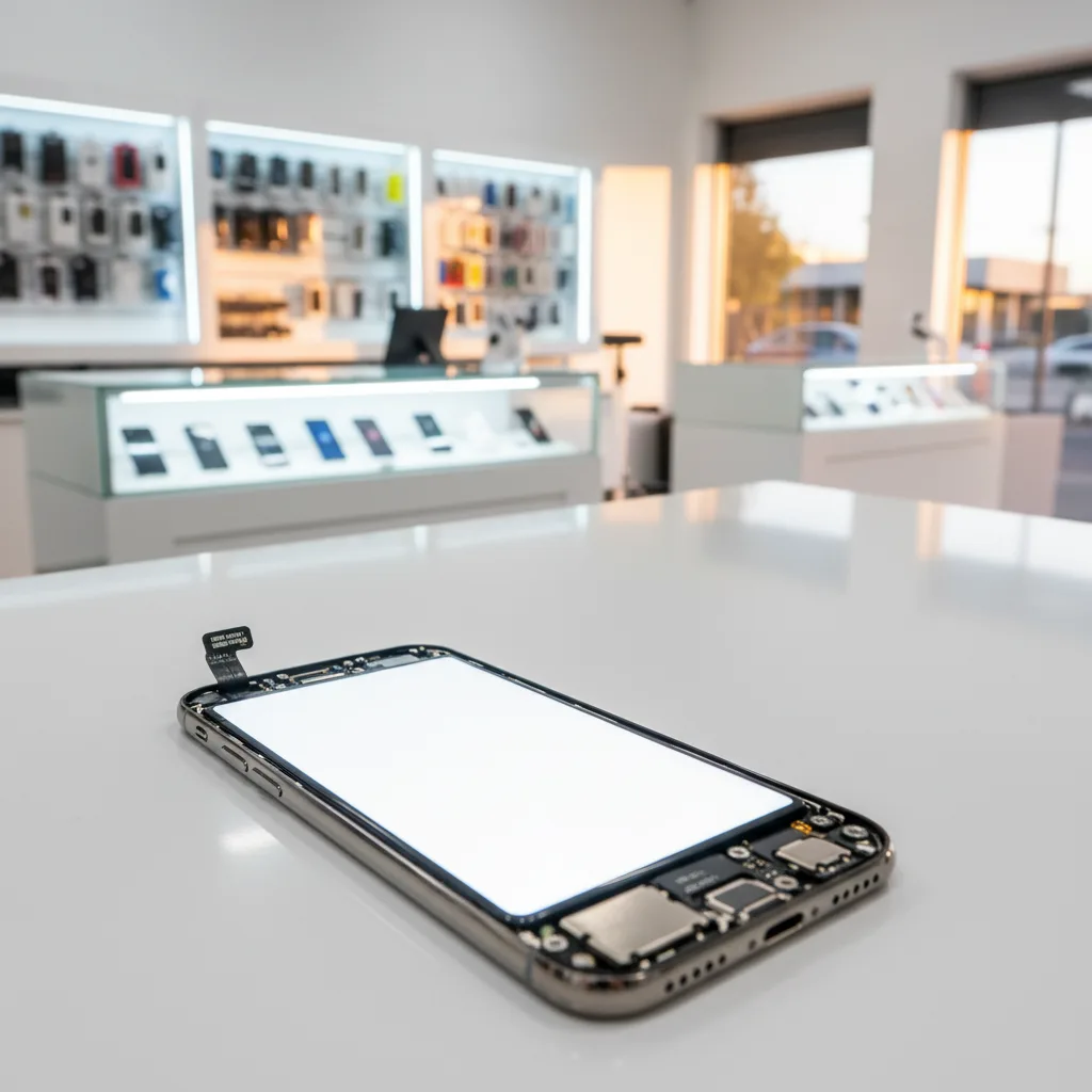 A technician's workbench with an opened iPhone, showing the internal components being carefully clea
