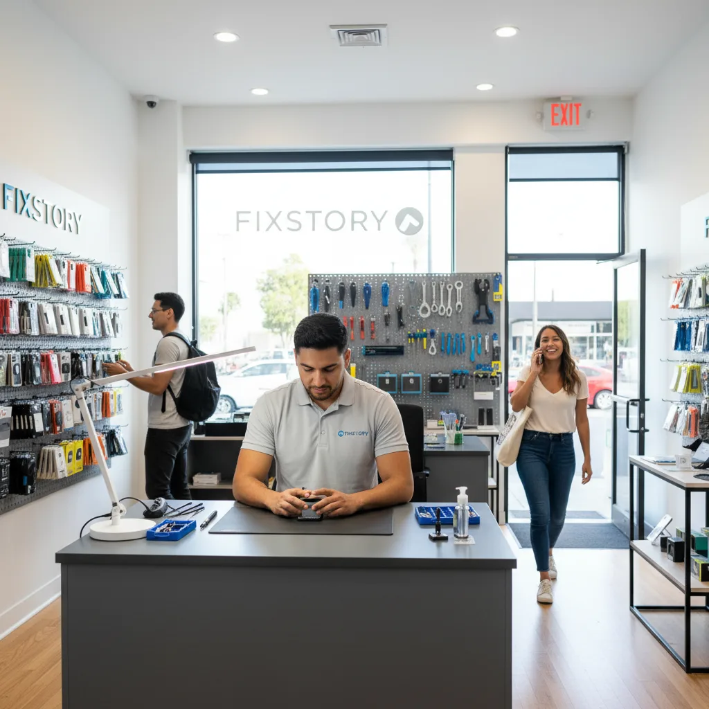 A happy customer leaving the FIXSTORY shop in DTLA with their repaired iPhone.