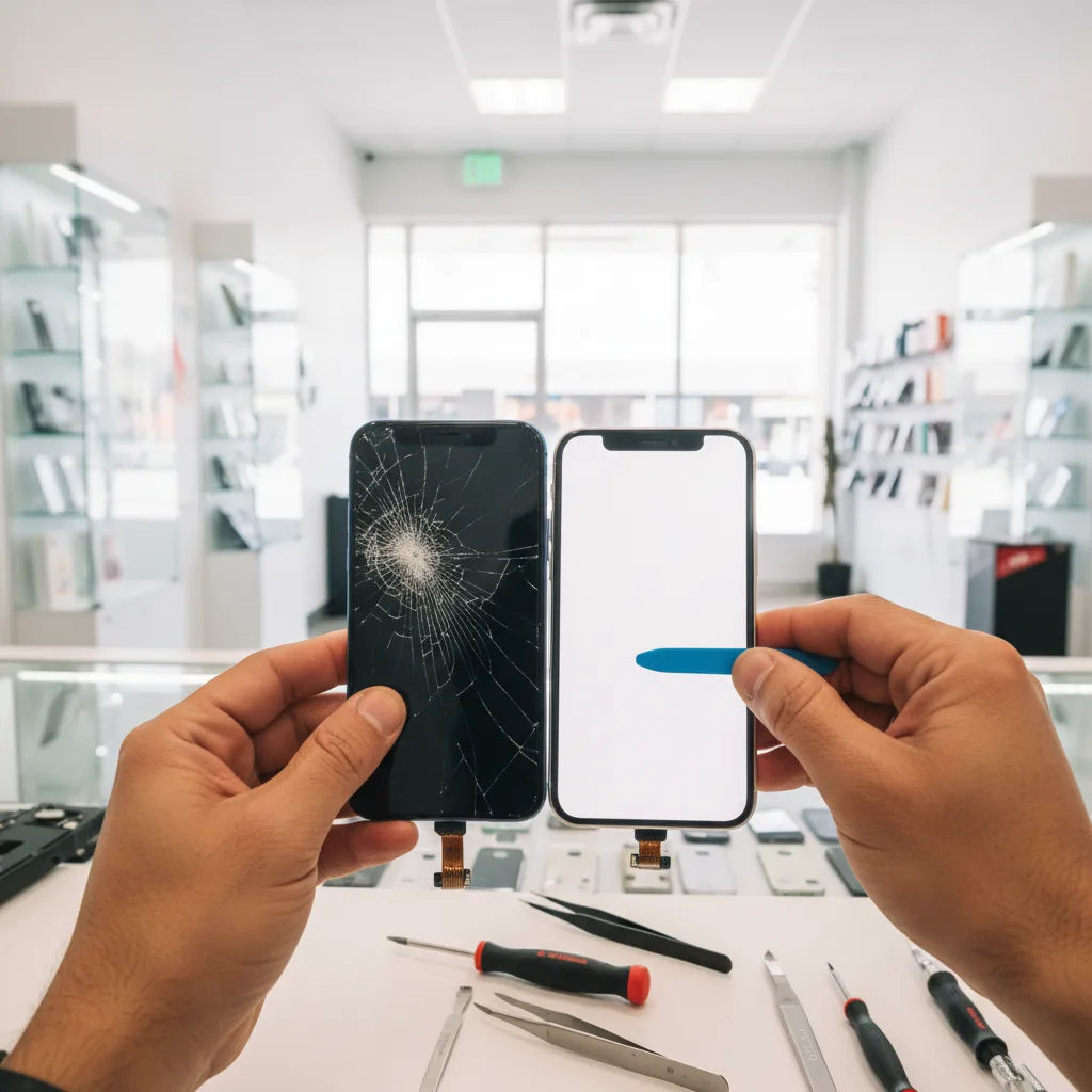 Side-by-side comparison of two iPhone screens, one with a shattered spiderweb crack and the other pr