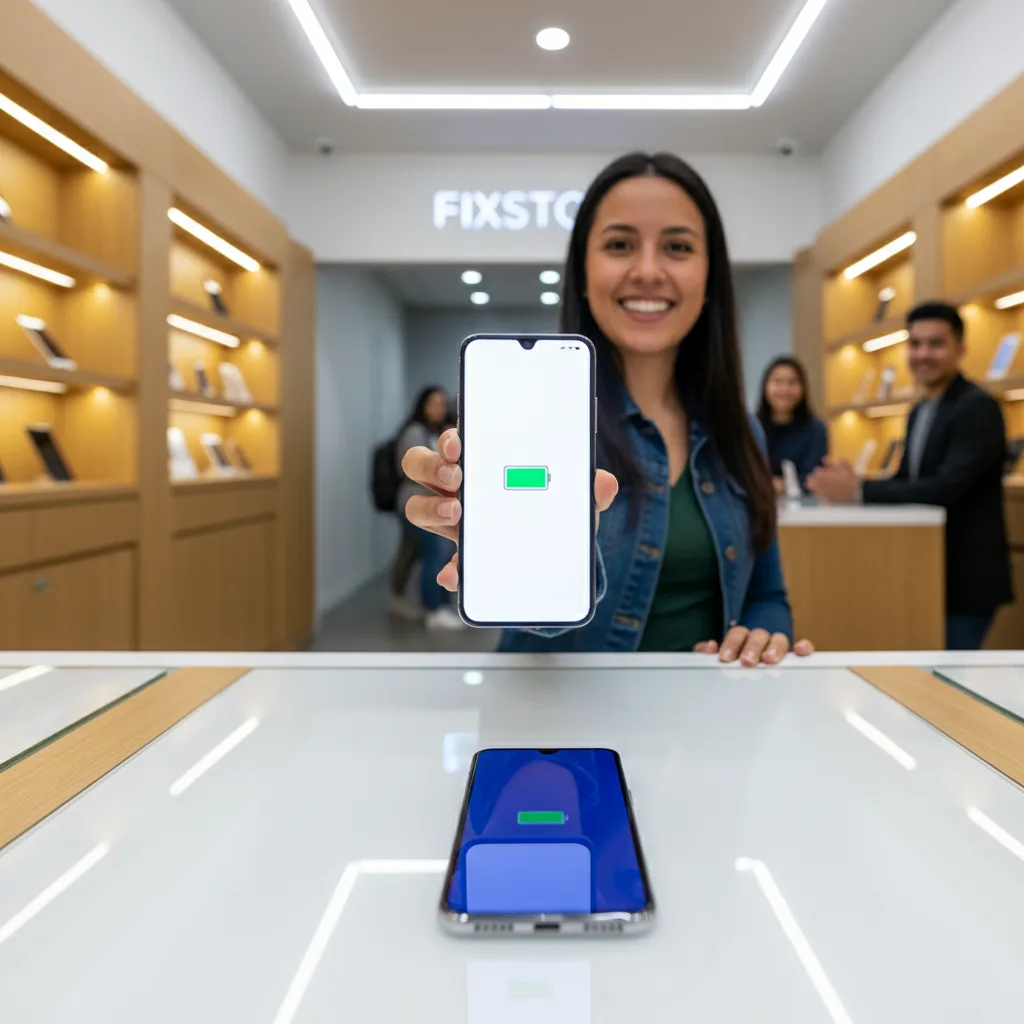 A happy customer leaving the FIXSTORY shop in Downtown LA, looking at their perfectly repaired iPhon