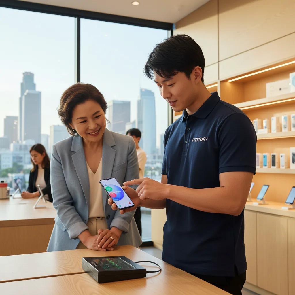 A person happily using their perfectly repaired Samsung phone, with the DTLA skyline visible in the 
