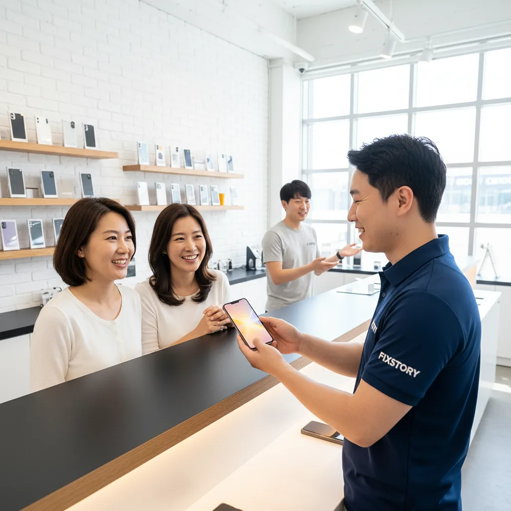 The FIXSTORY repair counter with a technician in the background talking to a customer, pointing at a