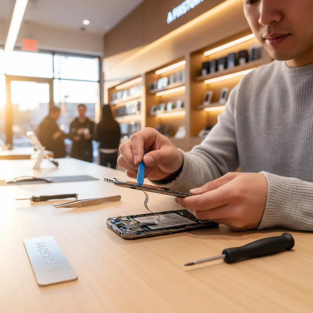 A FIXSTORY technician carefully lifting a damaged Samsung screen assembly from the phone's frame.