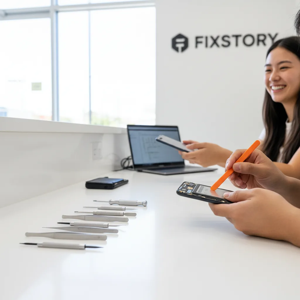 A customer smiling as they receive their repaired Samsung phone over the counter at the FIXSTORY sho