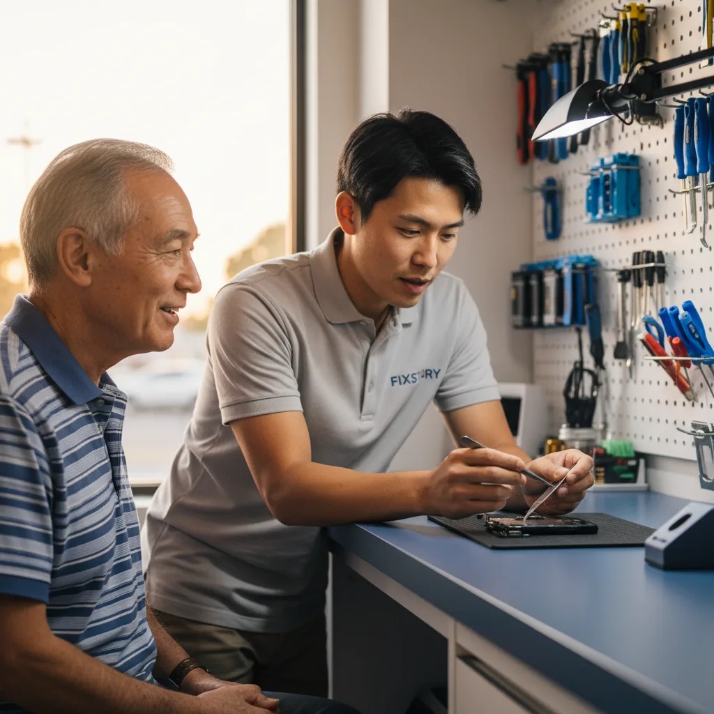 A close-up shot of a technician's hands skillfully replacing a Samsung screen.