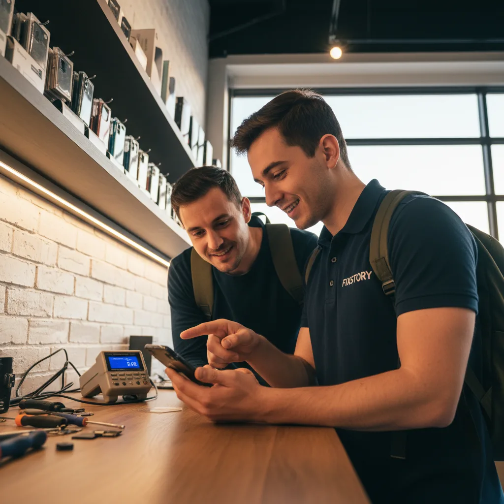 Inside the FIXSTORY shop, a technician is carefully working on a Samsung phone at a well-lit workben