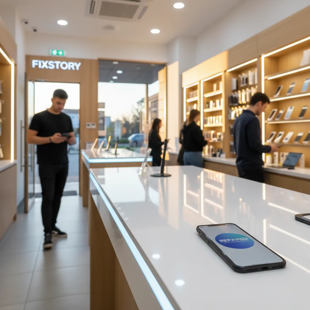 The FIXSTORY storefront in Downtown Los Angeles, with a person walking in with a phone in their hand