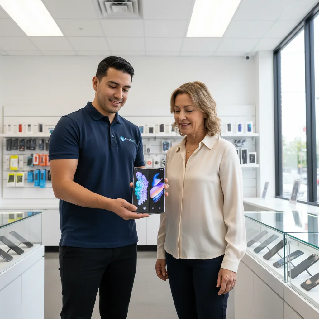 A friendly technician at FIXSTORY in Downtown LA carefully working on a disassembled Galaxy Z Fold o