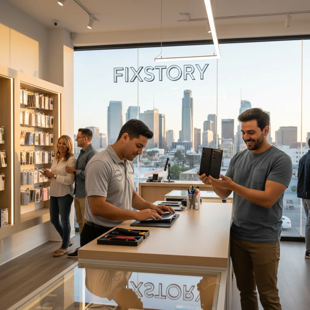 A person happily using their repaired Galaxy Z Fold, folding and unfolding it smoothly, with the Dow