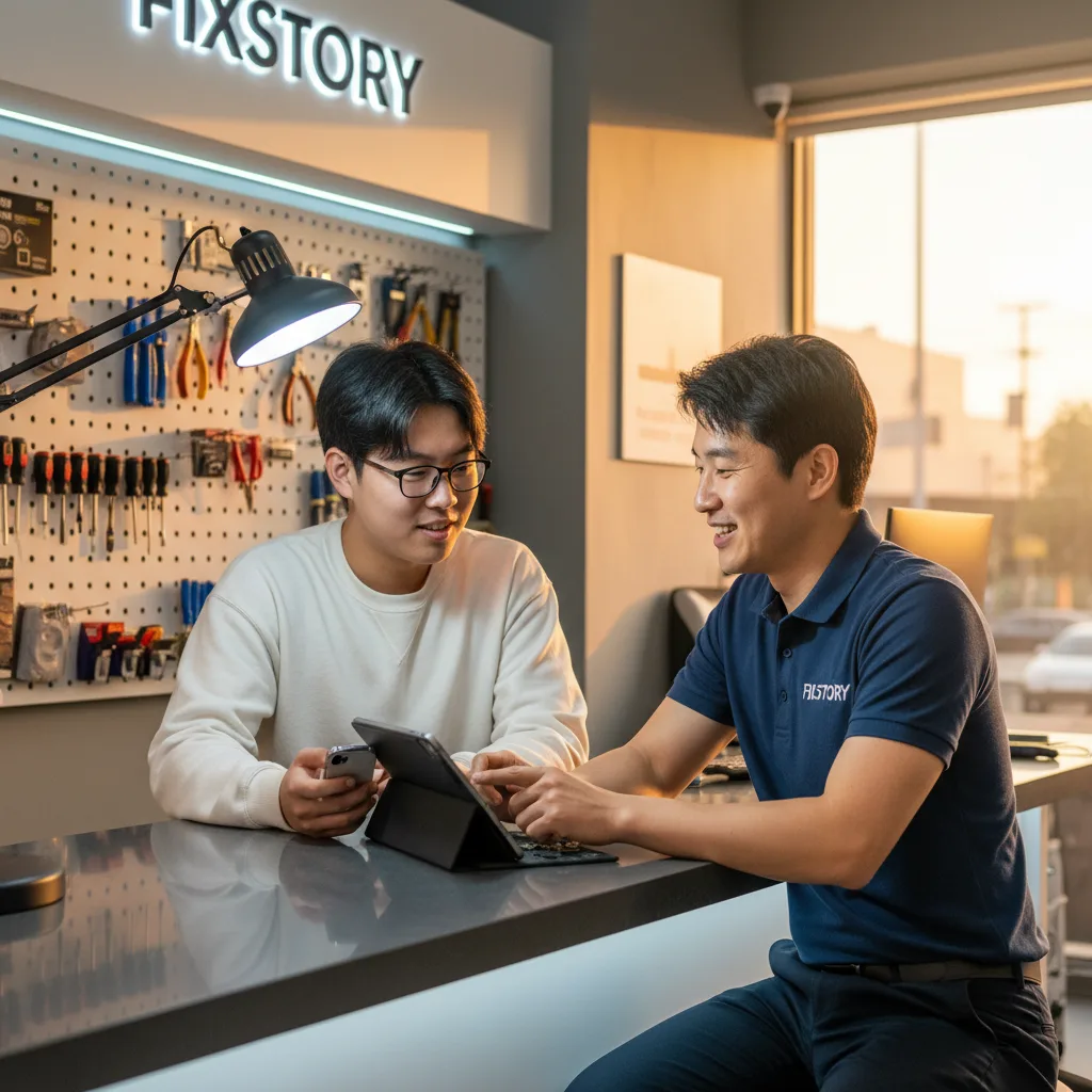 The FIXSTORY storefront in Downtown Los Angeles, with a friendly technician greeting a customer at t