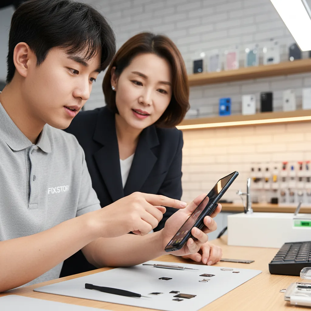 A technician's workbench with specialized tools laid out for a foldable phone screen repair, showing