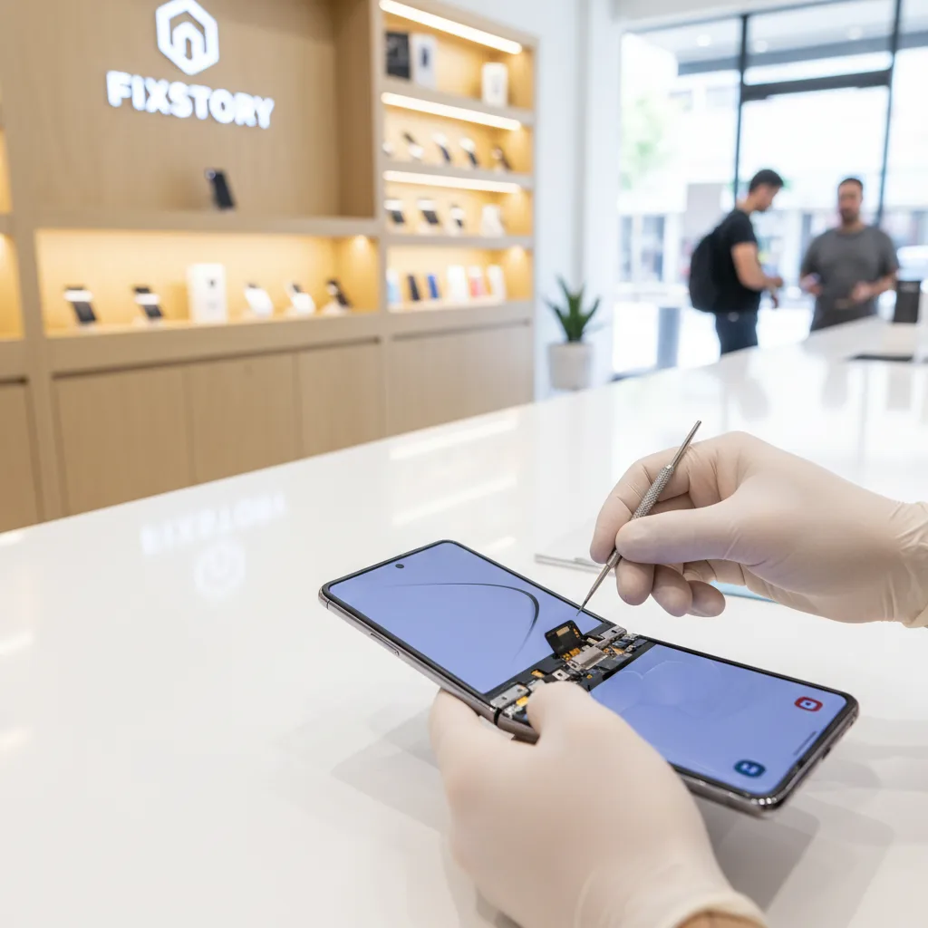 The FIXSTORY technician's hands carefully working on the intricate hinge mechanism of a disassembled