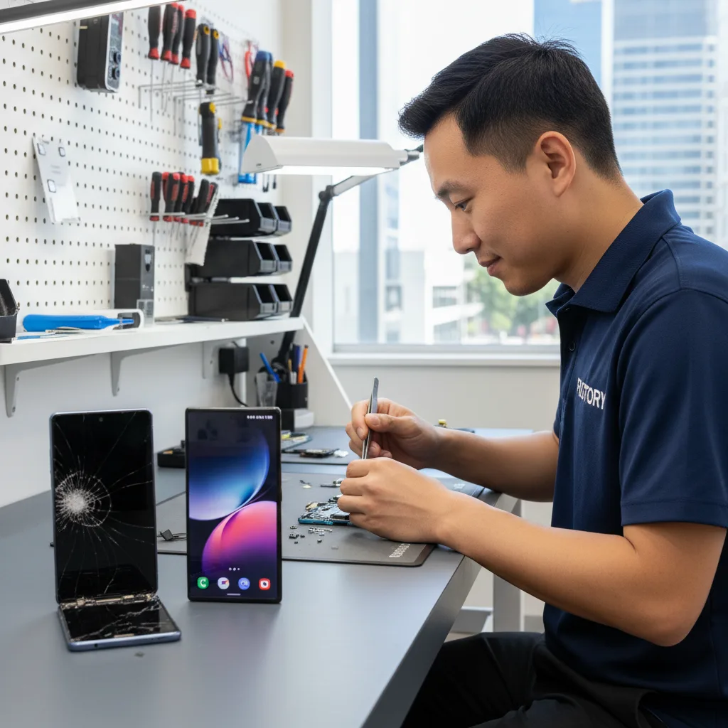 A dramatic before-and-after shot. On the left, a Galaxy Z Fold with a severely cracked and blacked-o