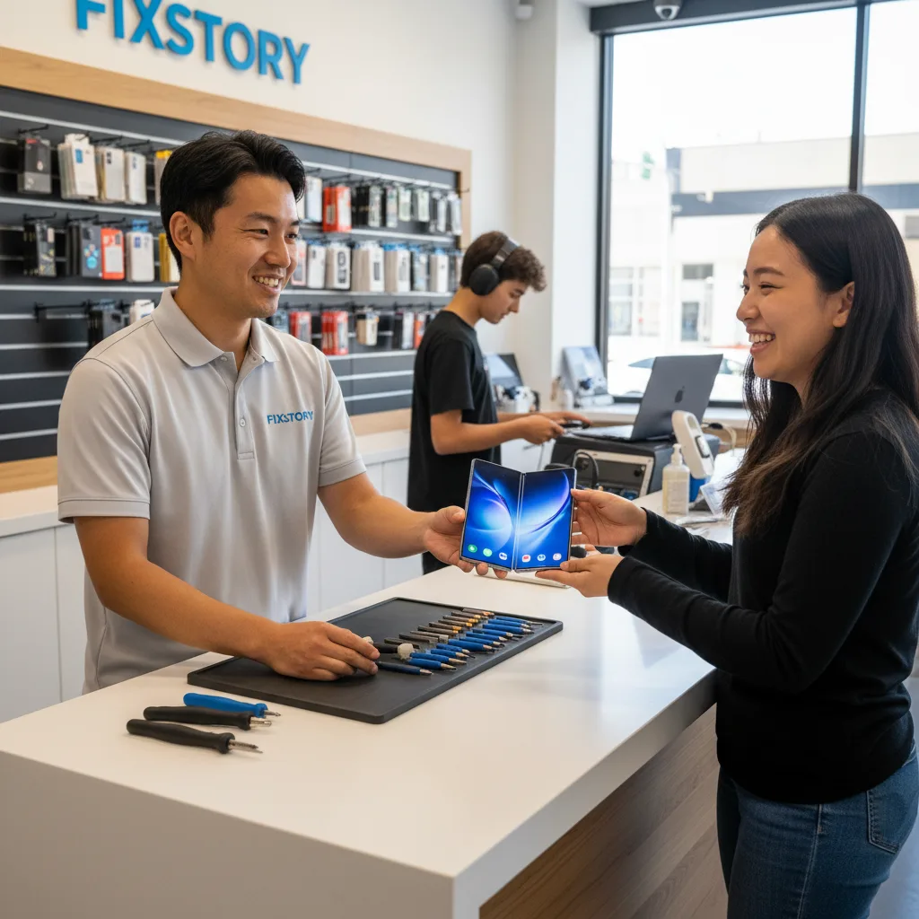 A customer smiling as they receive their repaired Galaxy Z Fold from a FIXSTORY technician over the 
