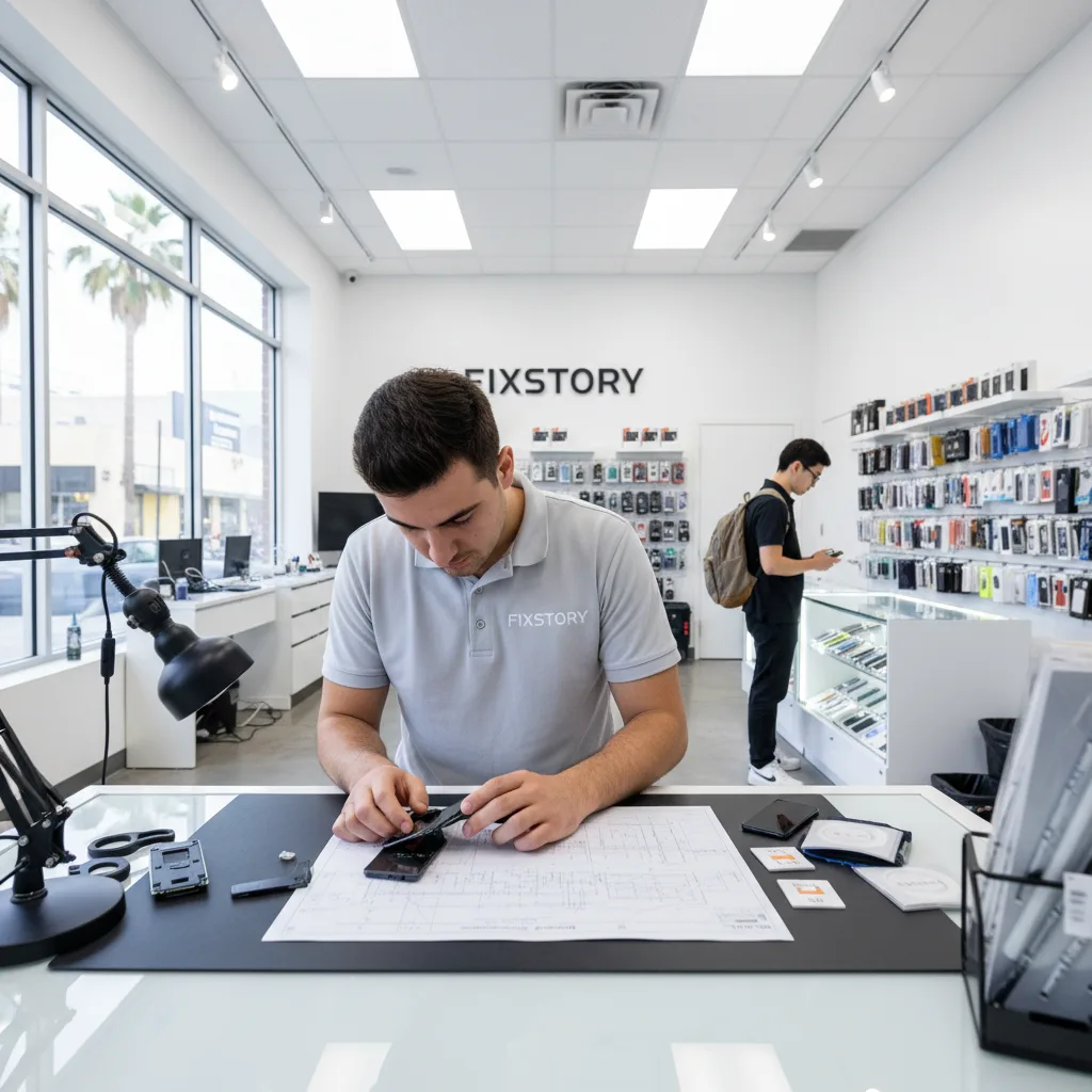 Interior of the FIXSTORY repair shop, with a technician carefully working on a complex device like a