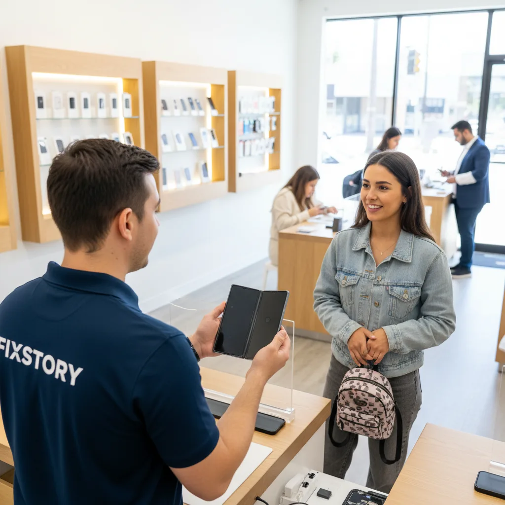 A happy customer receiving their repaired Galaxy Z Fold over the counter at FIXSTORY, the screen is 
