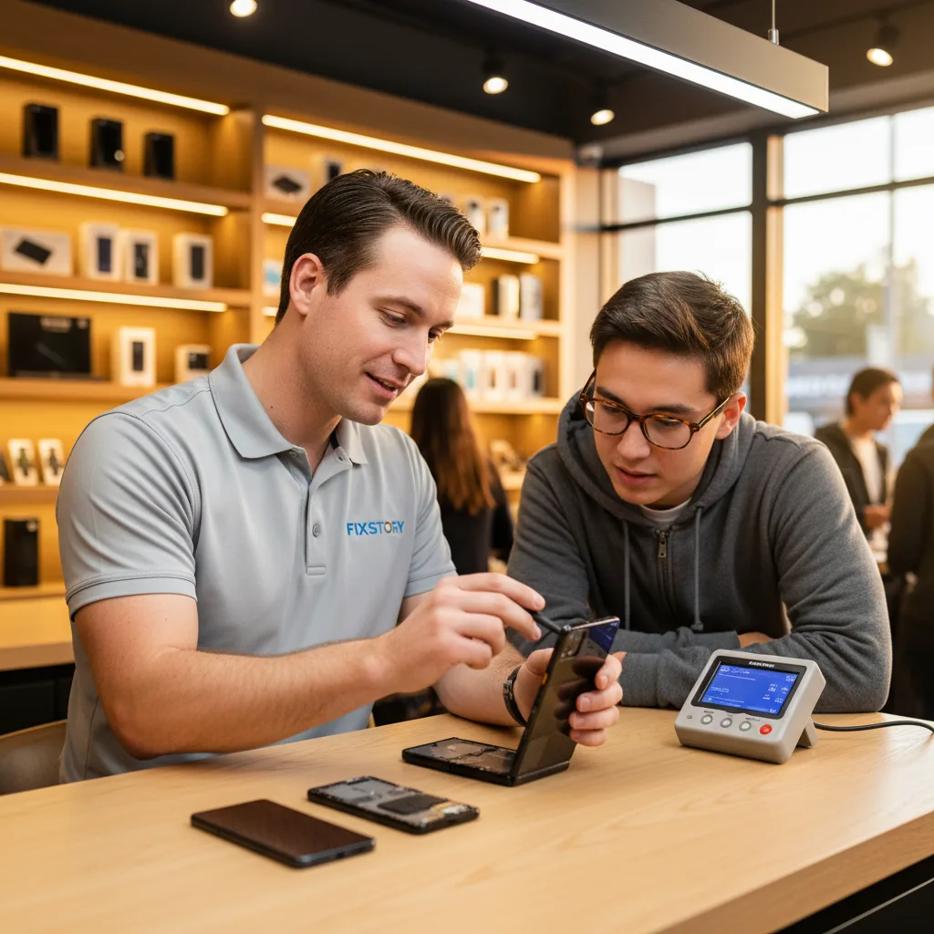 A FIXSTORY technician carefully working on a disassembled Galaxy Z Flip at a clean workbench.