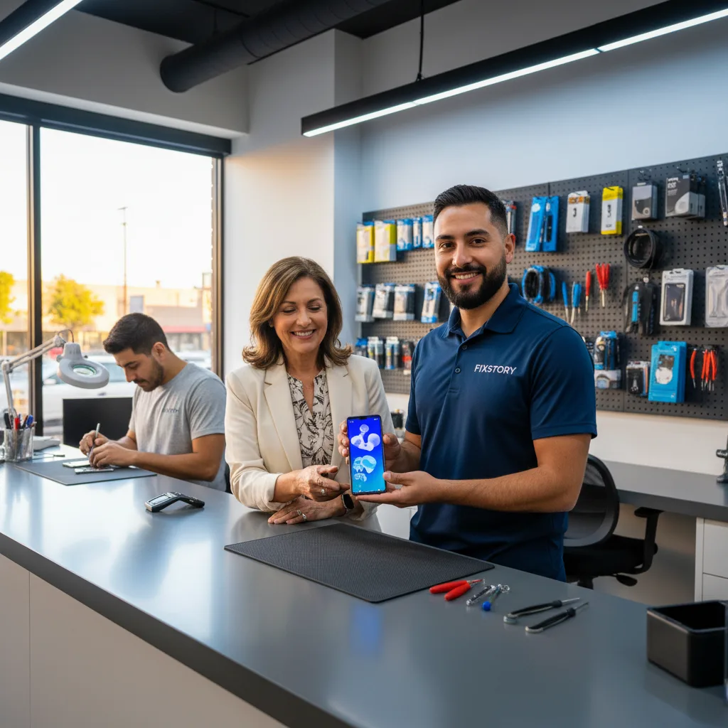 A technician at FIXSTORY carefully working on a disassembled Samsung Galaxy Z Flip on a clean workbe