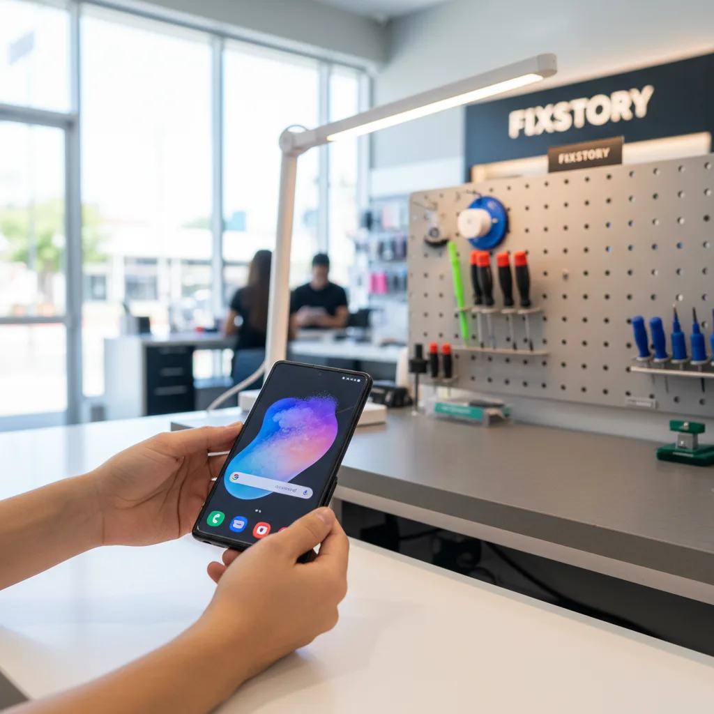 A smiling customer receiving their fully repaired Samsung Galaxy Z Flip over the counter at FIXSTORY