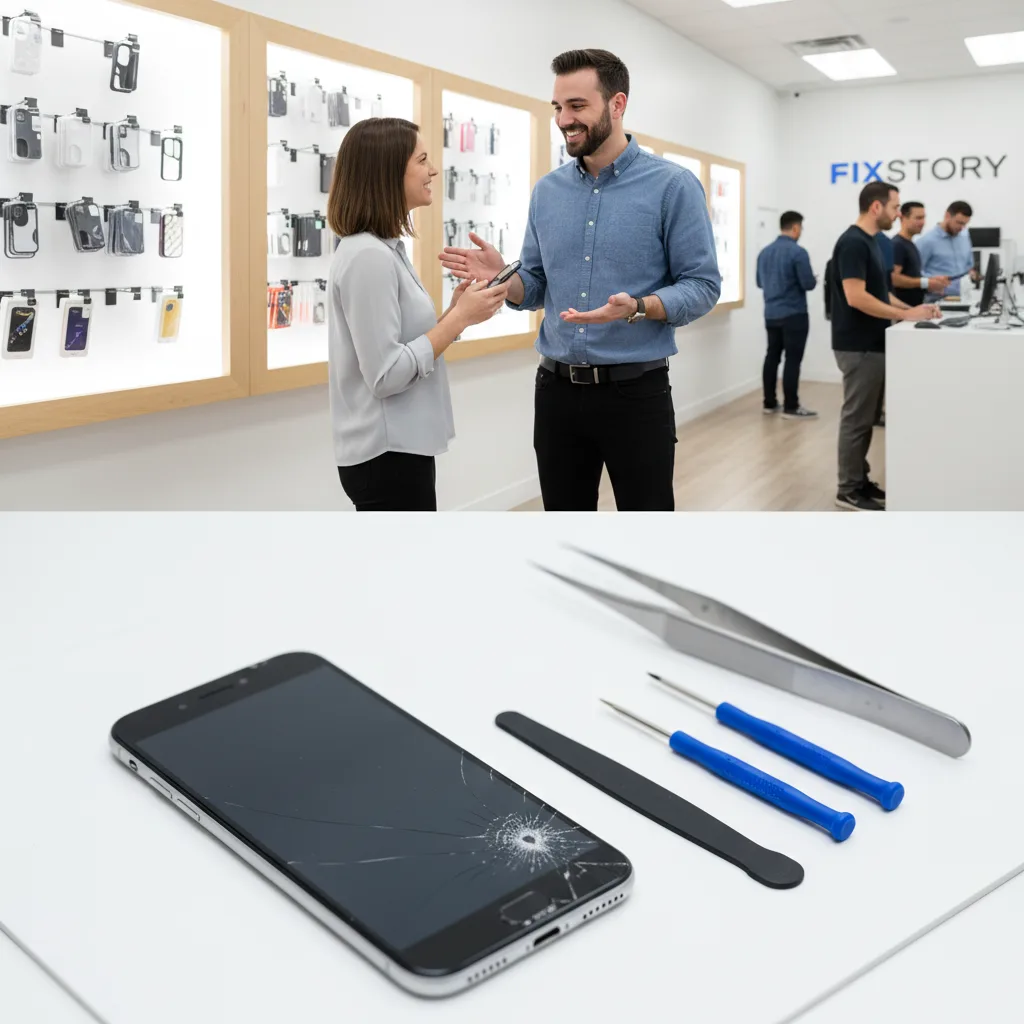 The clean and professional interior of the FIXSTORY shop in Downtown LA, with a technician greeting 