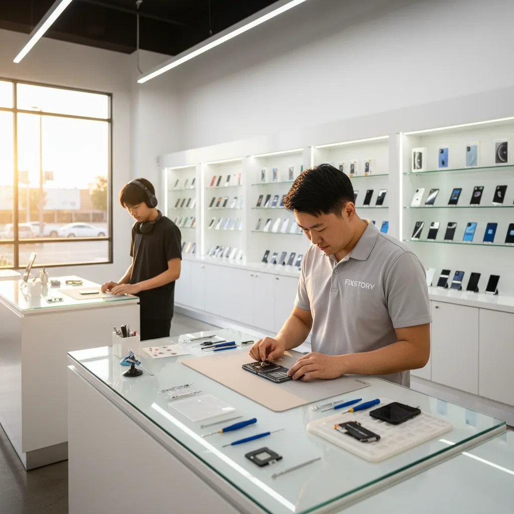 Inside the FIXSTORY shop, a technician is carefully working on a disassembled Galaxy Z Flip on a cle