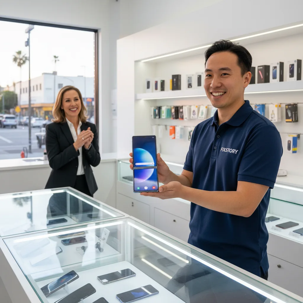 A happy customer leaving the FIXSTORY shop in DTLA, holding their perfectly repaired Galaxy Z Flip.