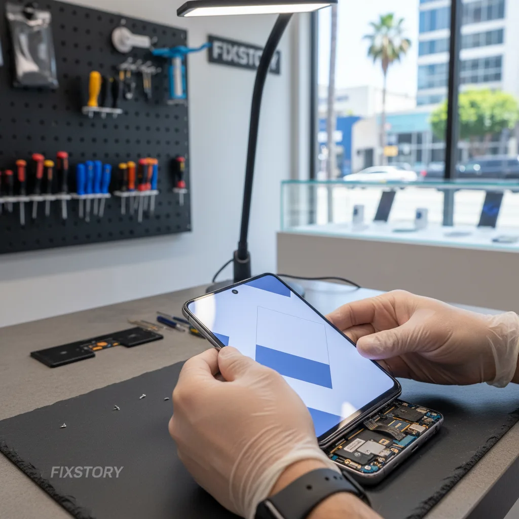 A technician at FIXSTORY carefully replacing the screen on a disassembled Galaxy Z Flip.