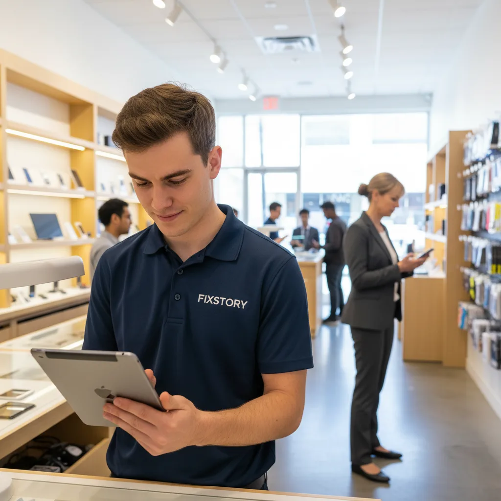 A technician at FIXSTORY carefully examining the back of an iPad to find the model number.