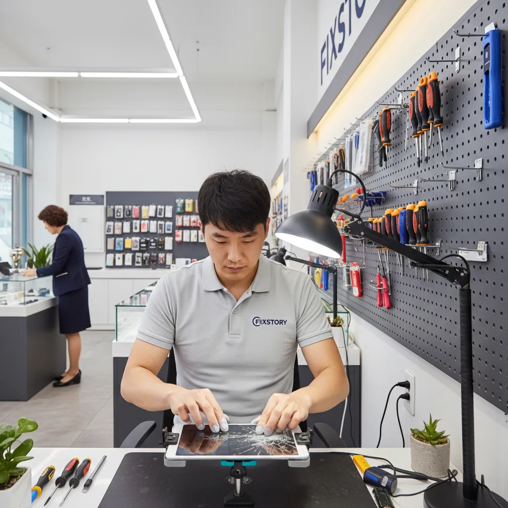 A technician at FIXSTORY carefully replacing a shattered iPad screen