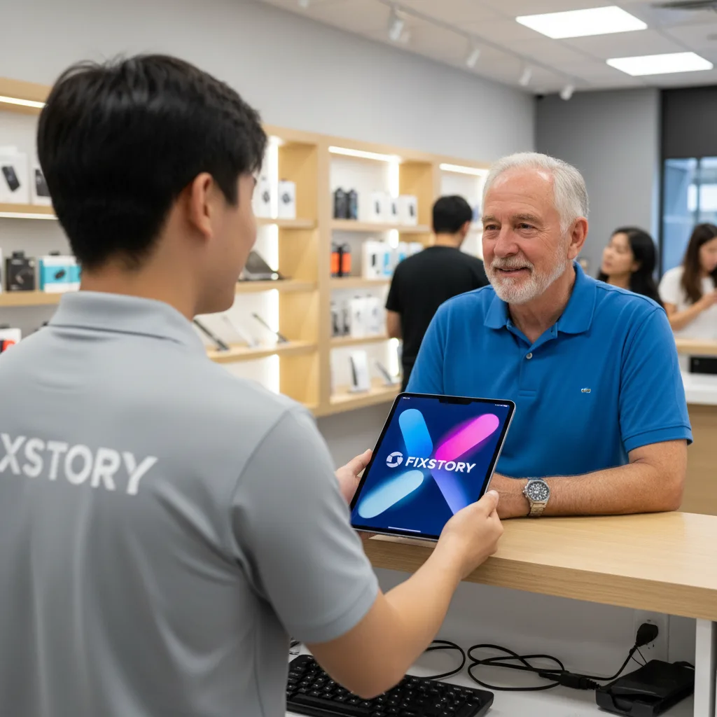 A neatly repaired iPad Pro screen looking brand new, next to the FIXSTORY logo