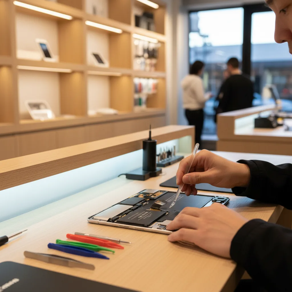 The FIXSTORY repair desk, with a technician's hands carefully working on an open iPad with specializ