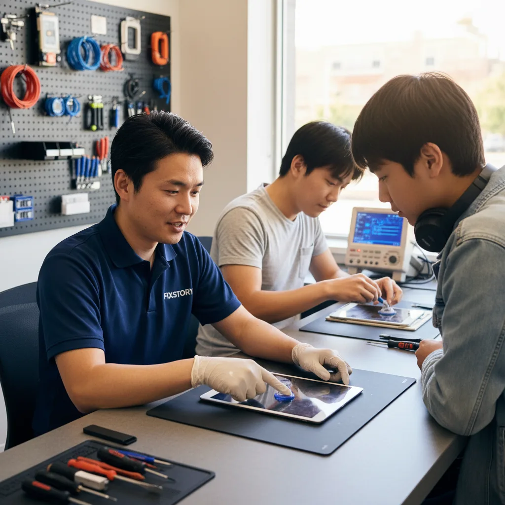 A technician at FIXSTORY carefully replacing an iPad screen on a workbench filled with professional 