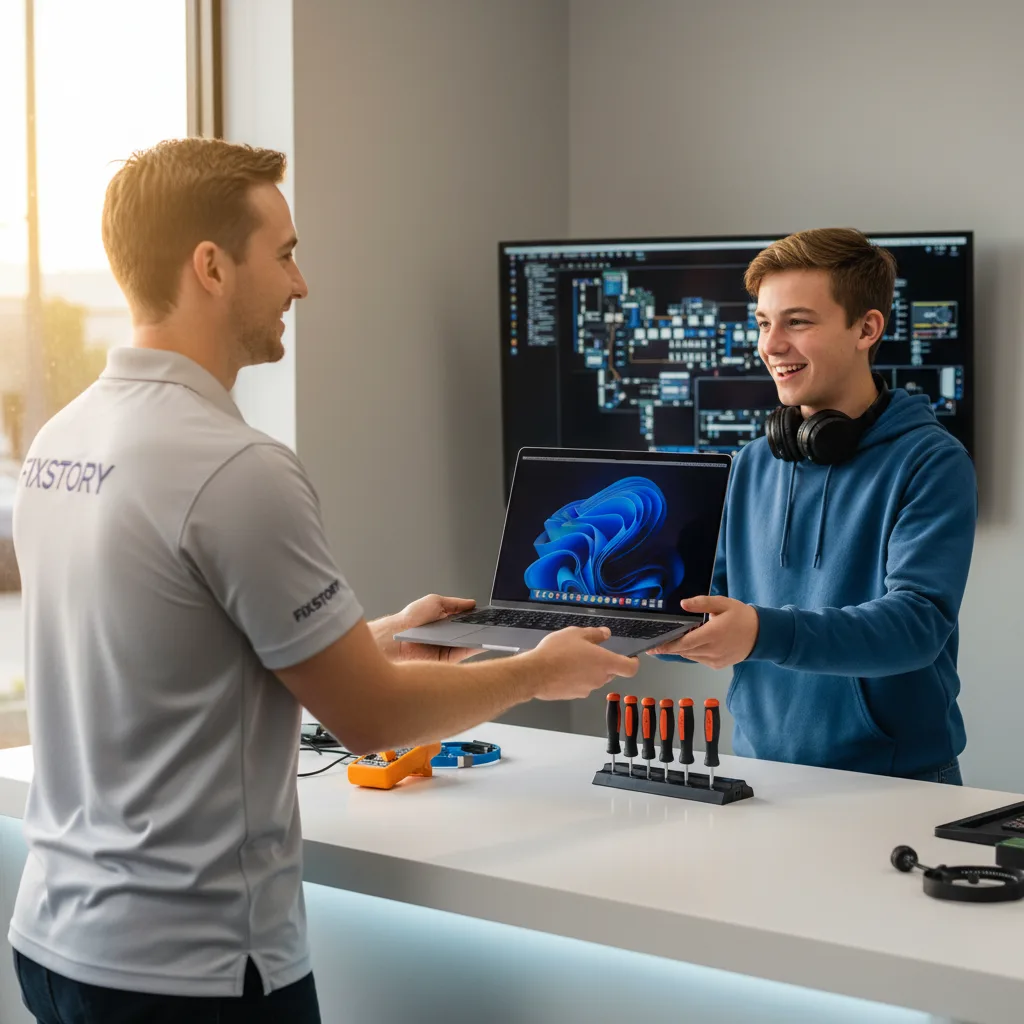 A smiling customer receiving their perfectly repaired MacBook Pro over the counter at FIXSTORY.