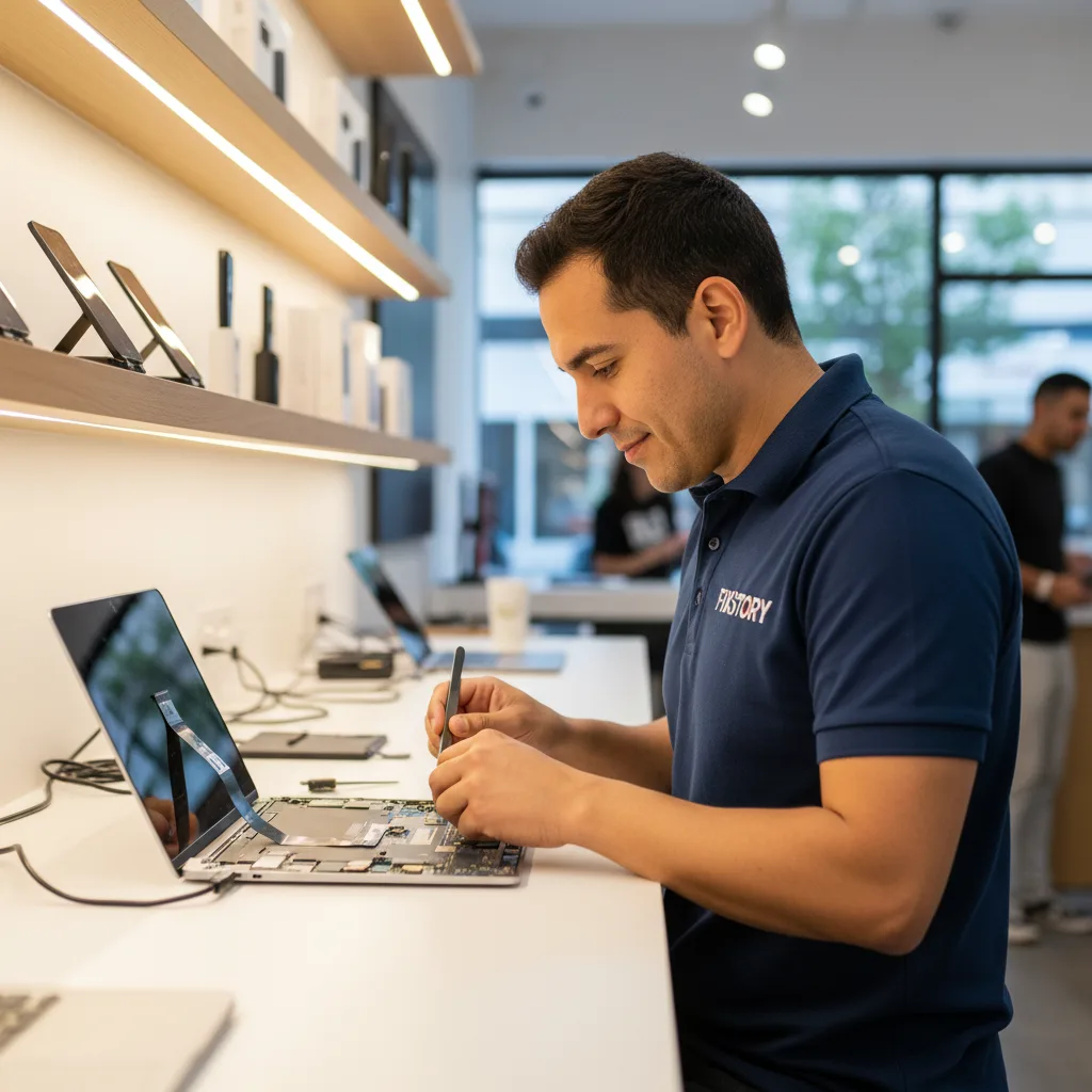 A technician at FIXSTORY carefully working on replacing a MacBook screen in a well-lit workshop.