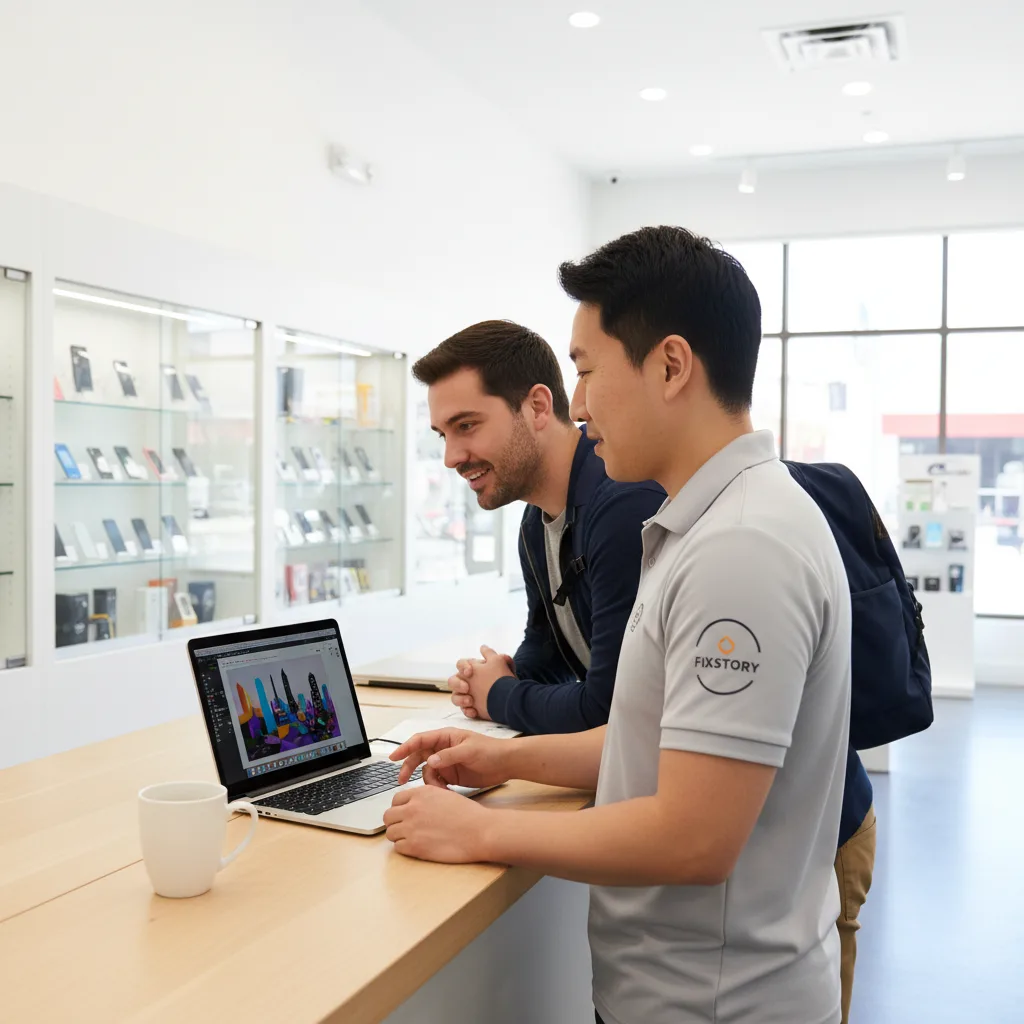 The repaired MacBook Pro now showing a vibrant, flawless graphic design project, sitting next to a c