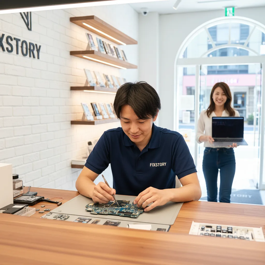 A happy customer leaving FIXSTORY in Downtown LA with their perfectly repaired MacBook.