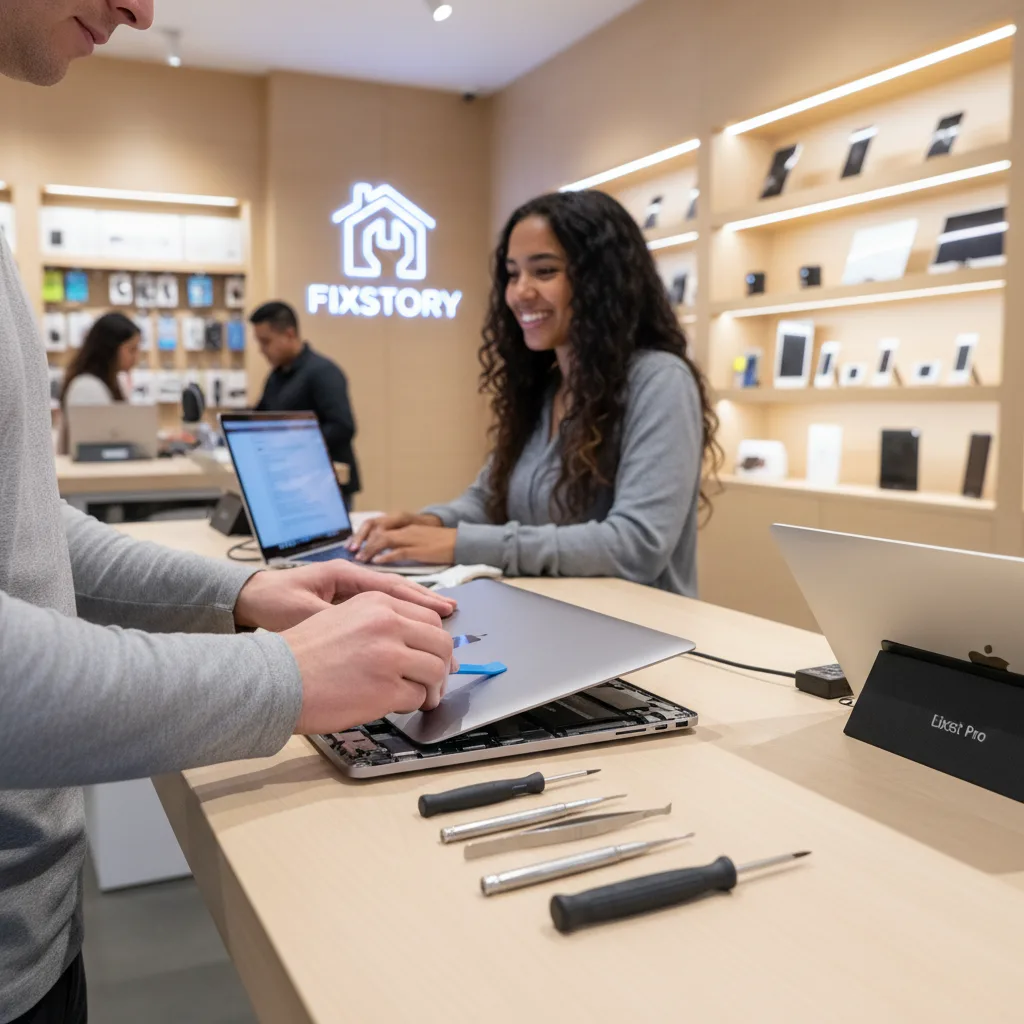 The customer, Maya, smiling and relieved, testing her fully functional MacBook Pro at the FIXSTORY c