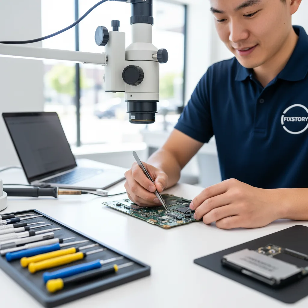 A technician's workbench with a disassembled MacBook, showing the logic board and tools like a micro