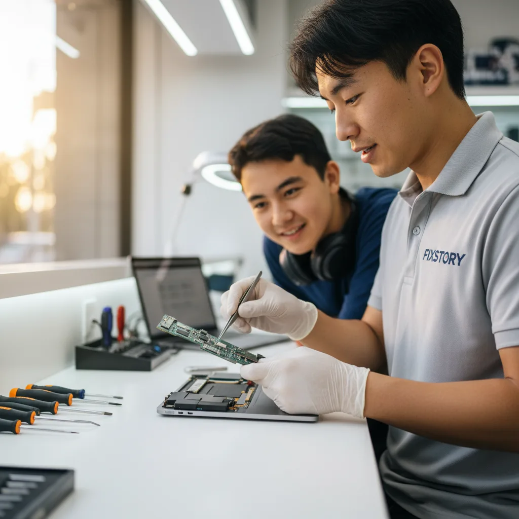 The internal logic board of a MacBook being professionally cleaned by a technician at FIXSTORY
