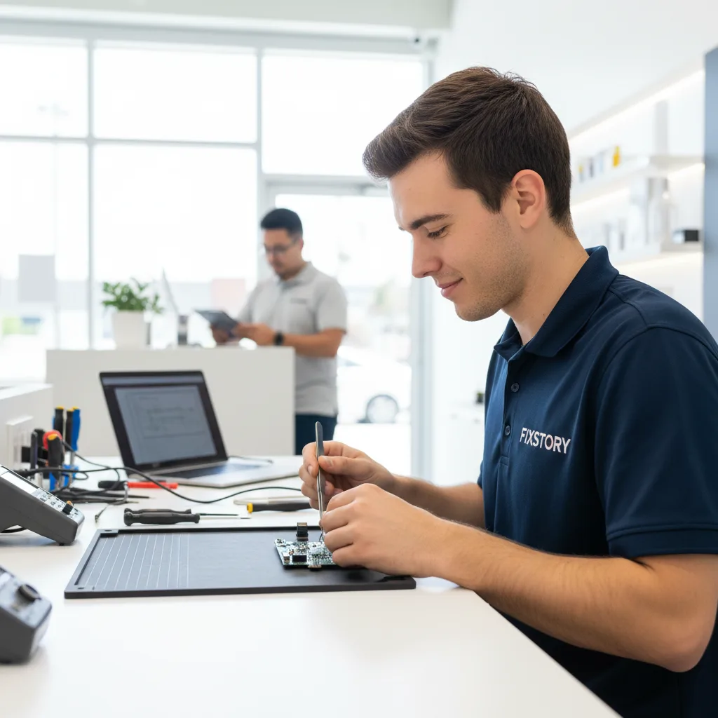 The front counter of FIXSTORY, clean and professional, with a technician talking to a customer.