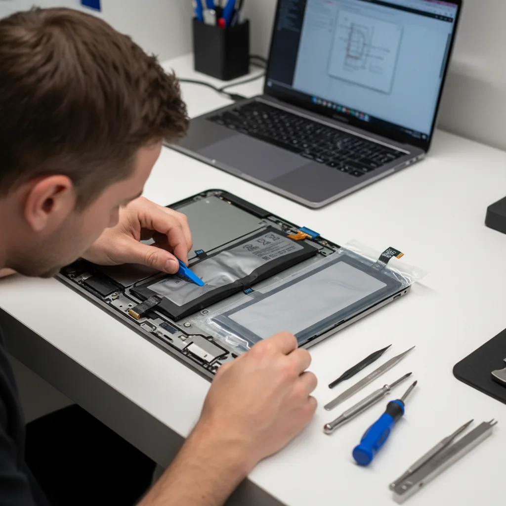 An inside view of a MacBook with the bottom case removed, showing a dangerously swollen, puffy batte