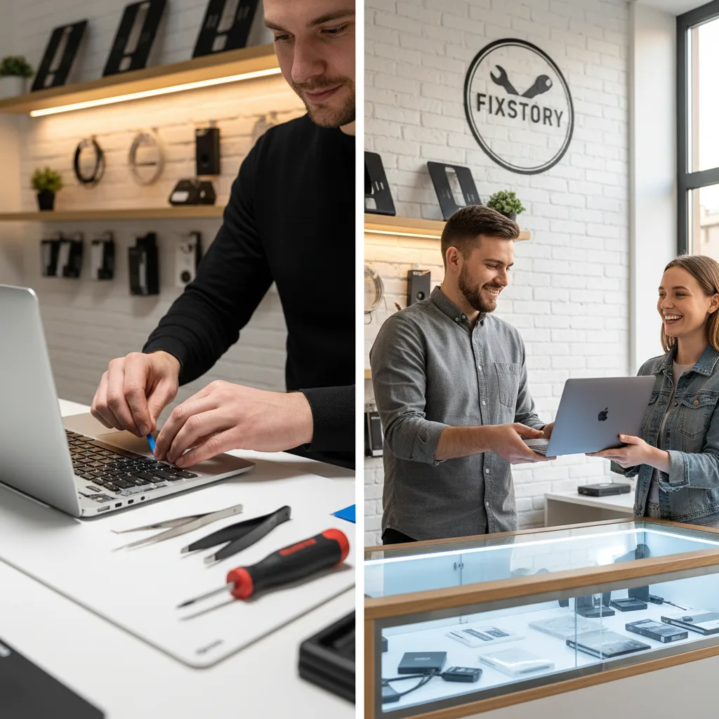 A smiling customer receiving their repaired MacBook over the counter from a FIXSTORY technician in a