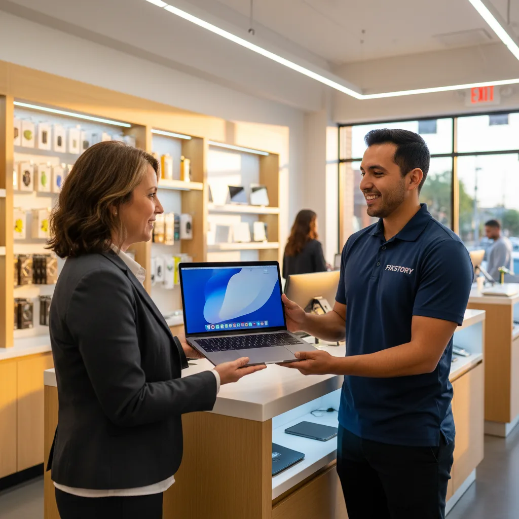 A customer leaving the FIXSTORY shop in Downtown LA, happy with their repaired MacBook now sitting f