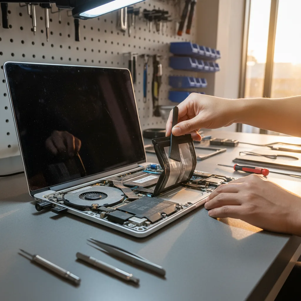 A technician's hands carefully removing a swollen, deformed battery from the inside of a MacBook Pro