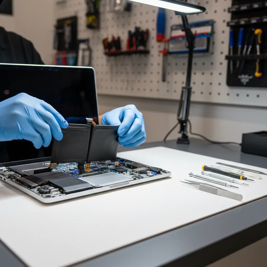 A technician's hands carefully removing a swollen battery from the inside of a MacBook.
